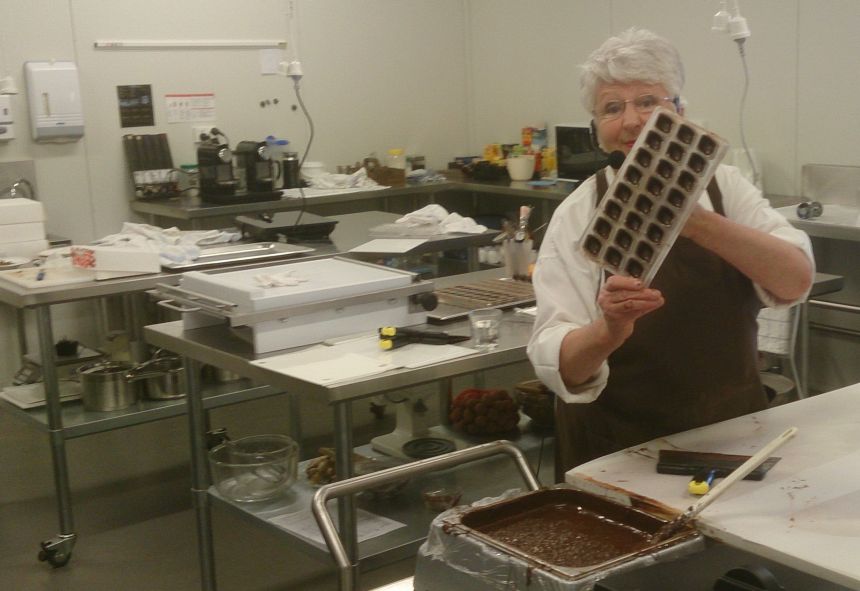 Robin with some of her just-made chocolate cases destined for soft-centred treats